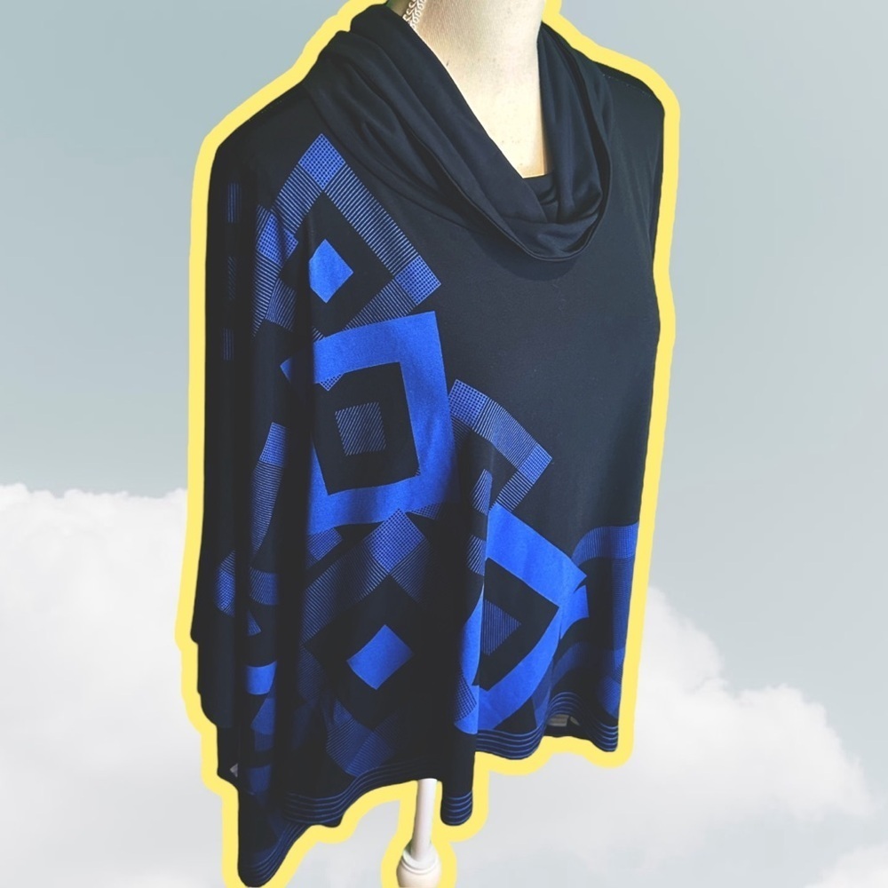 Joseph Ribkoff Navy Blue Geometric Print Jersey Knit Cowl Neck Poncho One Size - Picture 10 of 11